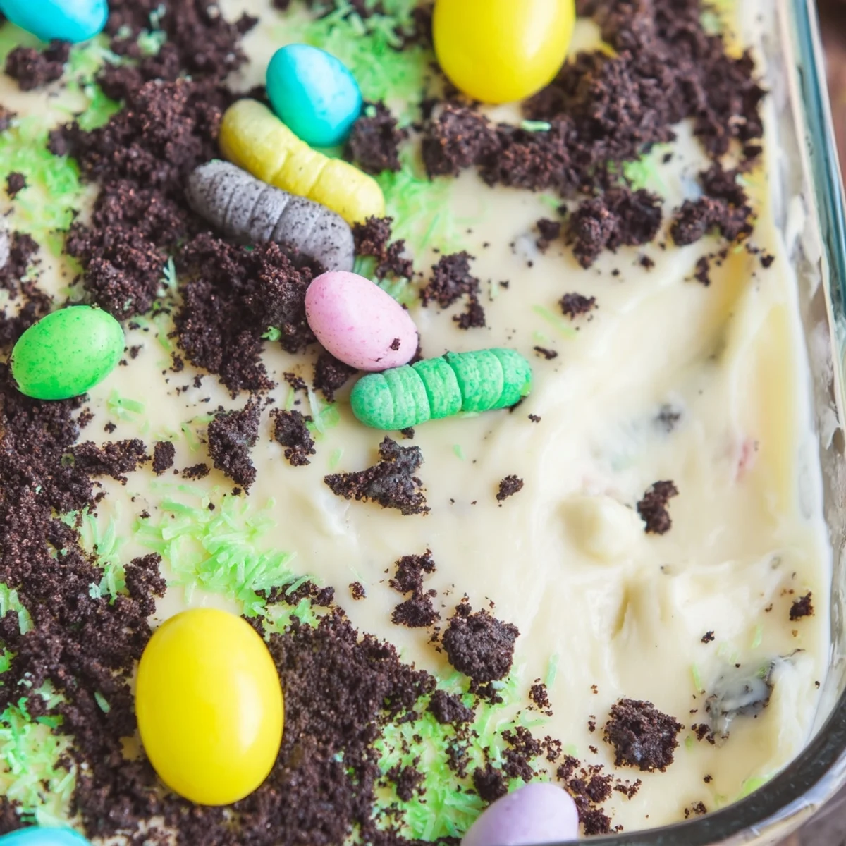 Creamy no-bake Easter dirt cake casserole layered with vanilla pudding and chocolate cookie crumbs