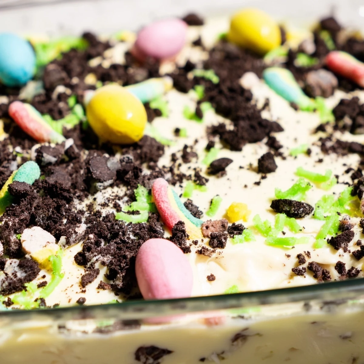 Spoonful of chilled Easter dirt cake casserole topped with playful gummy worms and green coconut grass