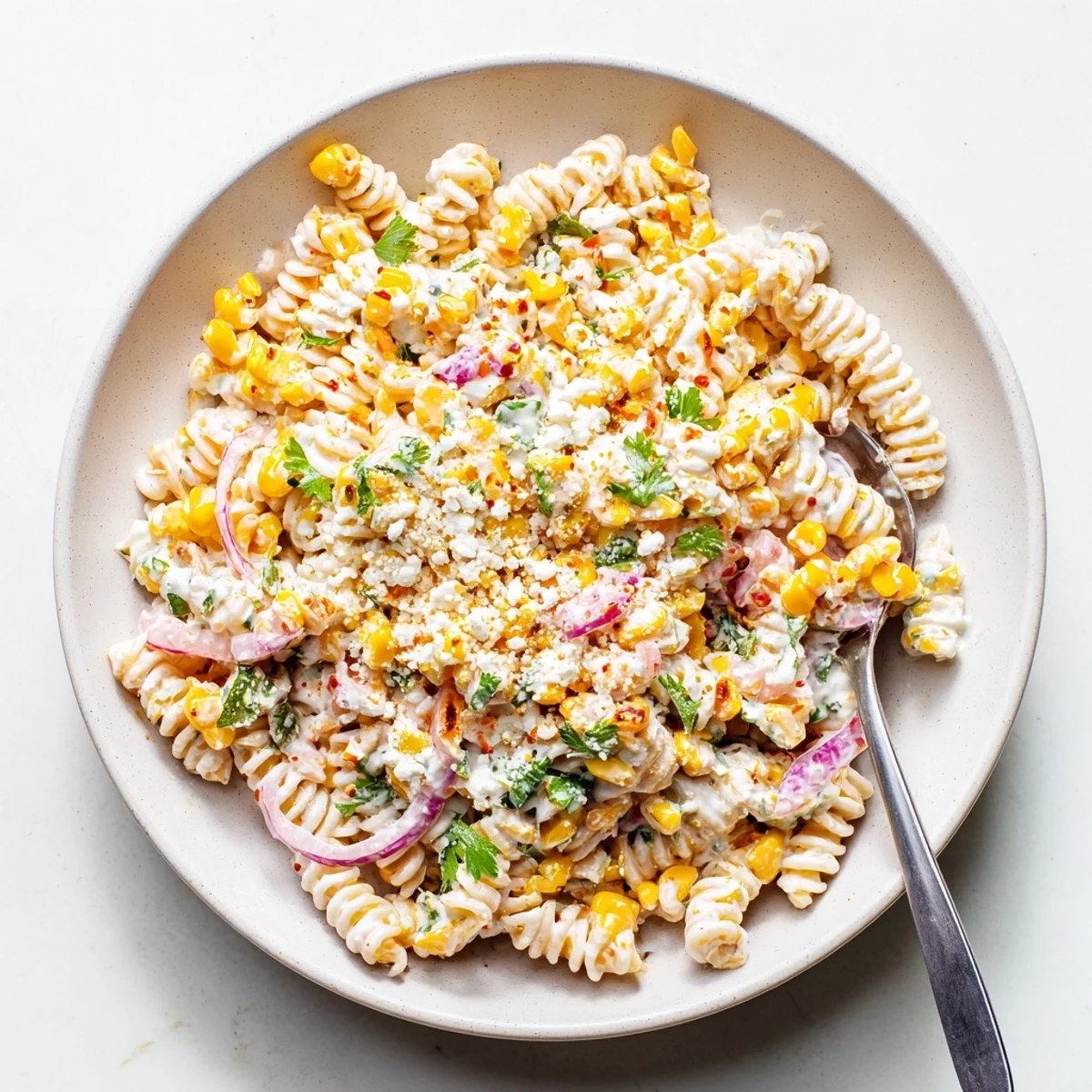 Colorful Mexican street corn pasta salad tossed in creamy lime dressing with fresh cilantro and crumbled cotija cheese