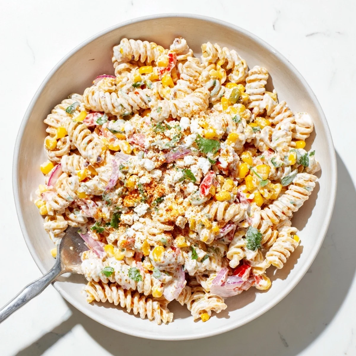 Vibrant bowl of Mexican street corn pasta salad featuring grilled corn, red bell pepper, and spicy jalapeño in smoky sauce