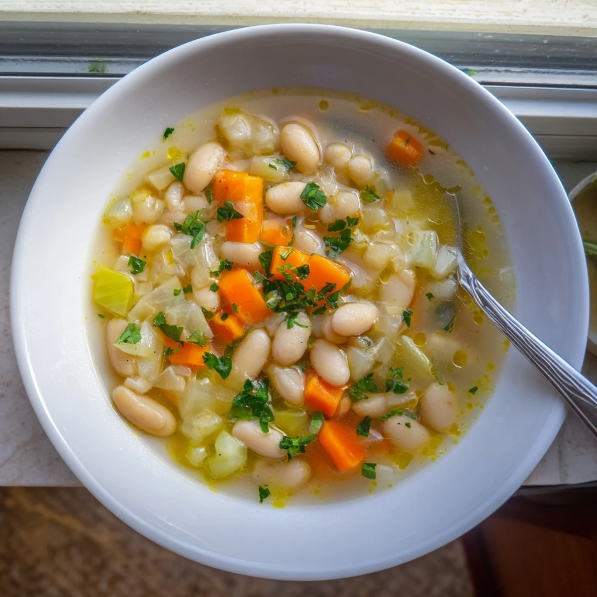 Creamy white bean soup with rosemary and garlic served in rustic bowls with crusty bread
