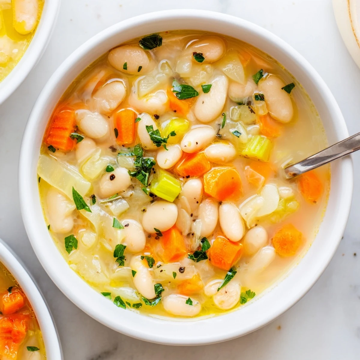 Steamy bowl of rosemary garlic white bean soup garnished with fresh parsley on wooden table