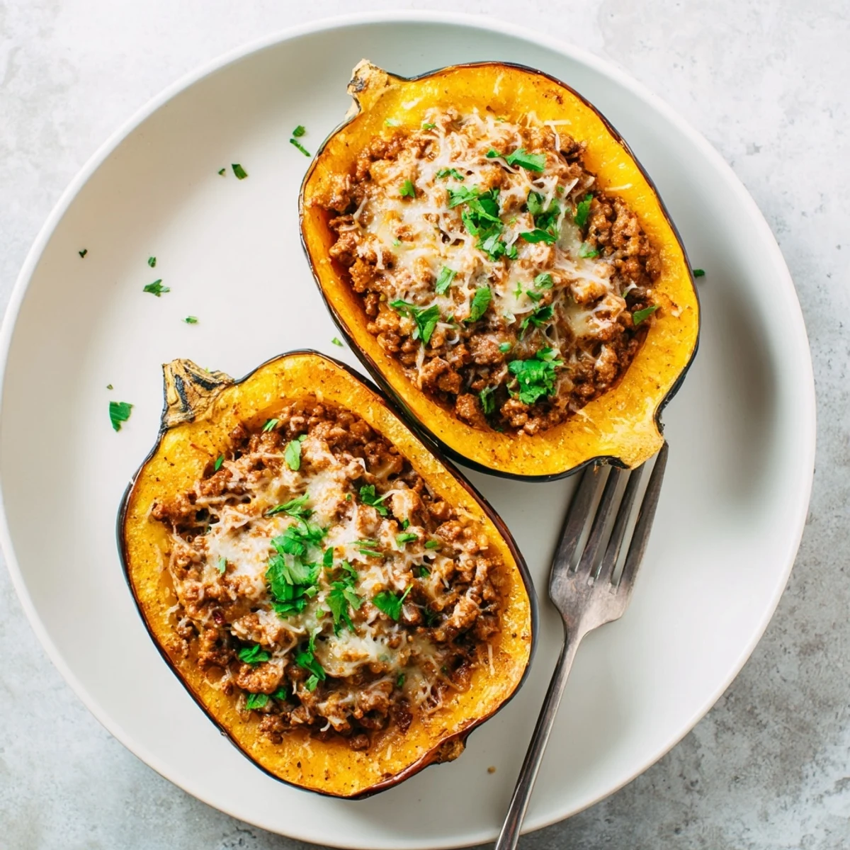Golden roasted turkey stuffed acorn squash topped with melted Parmesan and fresh parsley
