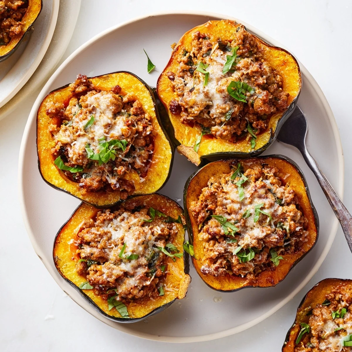 Gluten-free turkey stuffed acorn squash with apple spinach filling garnished with chopped herbs