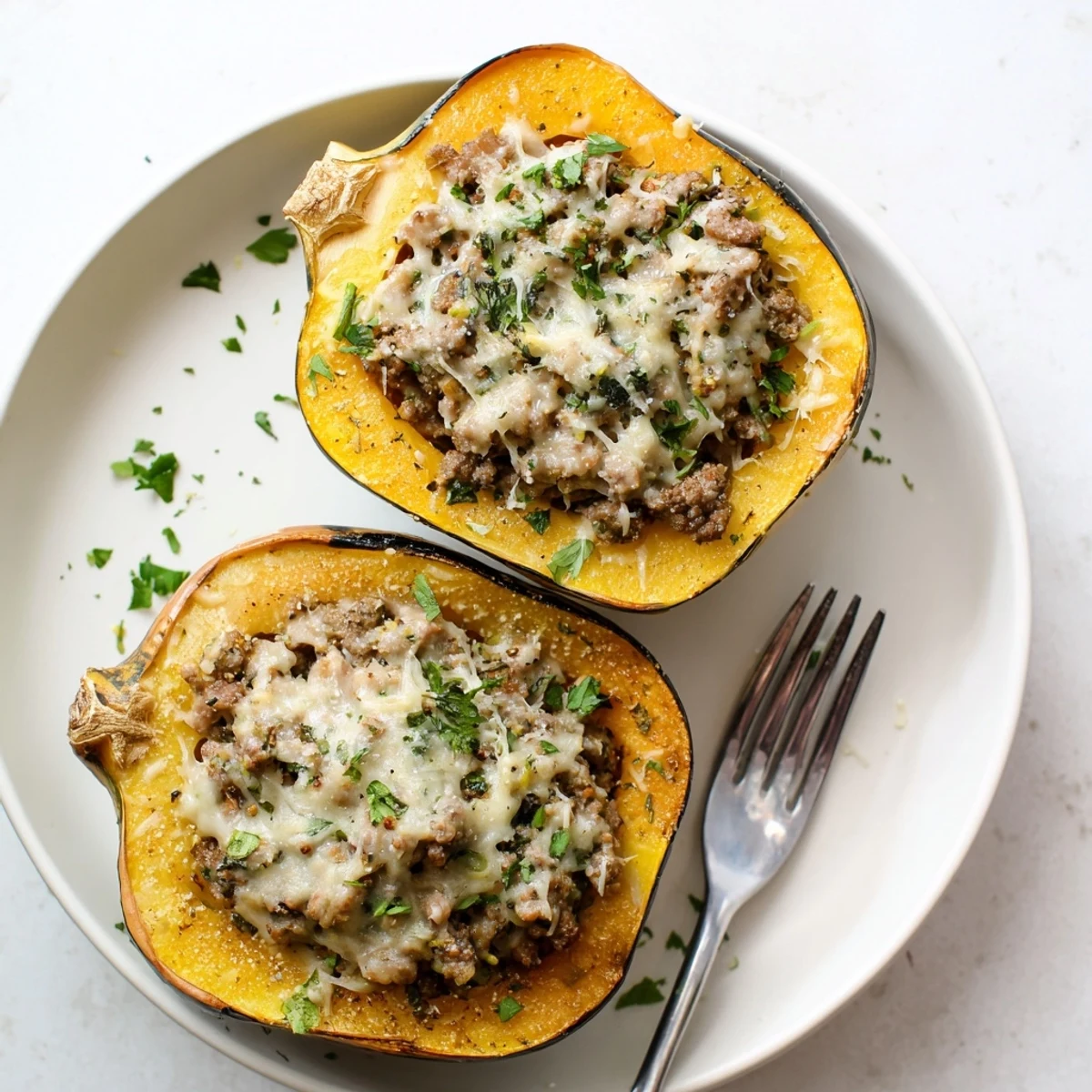 Hearty acorn squash halves filled with savory turkey vegetable filling baked until tender