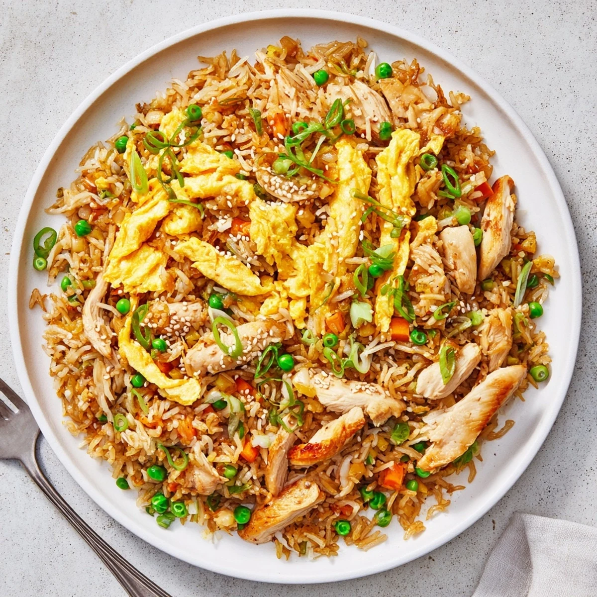 Golden chicken fried rice topped with silky sliced egg omelette ribbons and vibrant vegetables