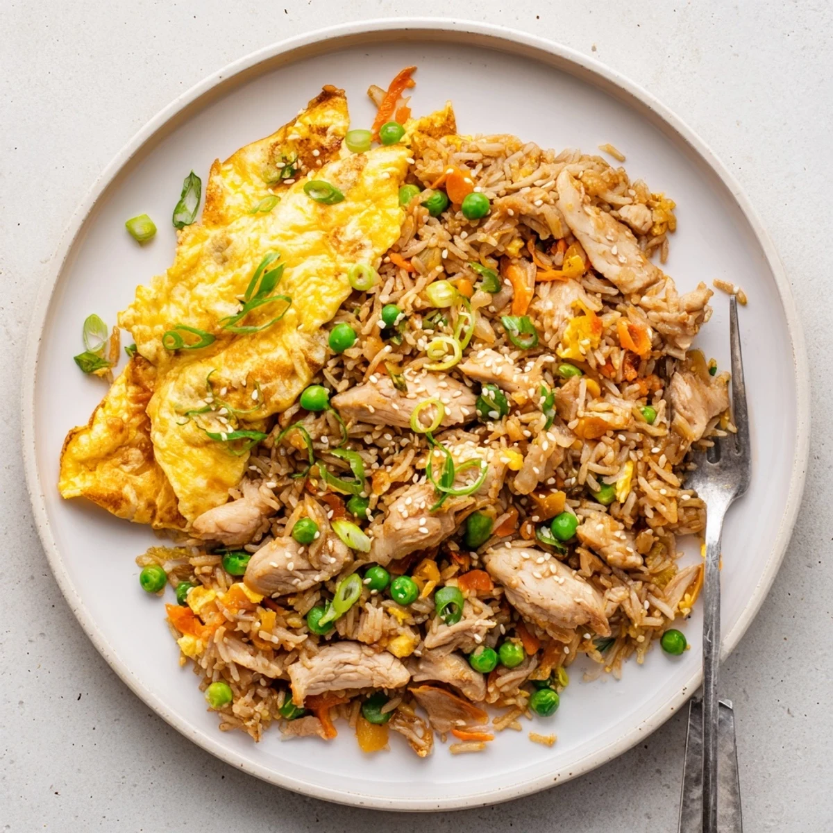 Steaming bowl of Asian-style chicken fried rice featuring tender meat and golden egg omelette ribbons