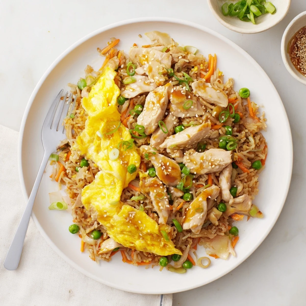 Plate of savory chicken fried rice garnished with thin egg omelette strips and fresh scallions