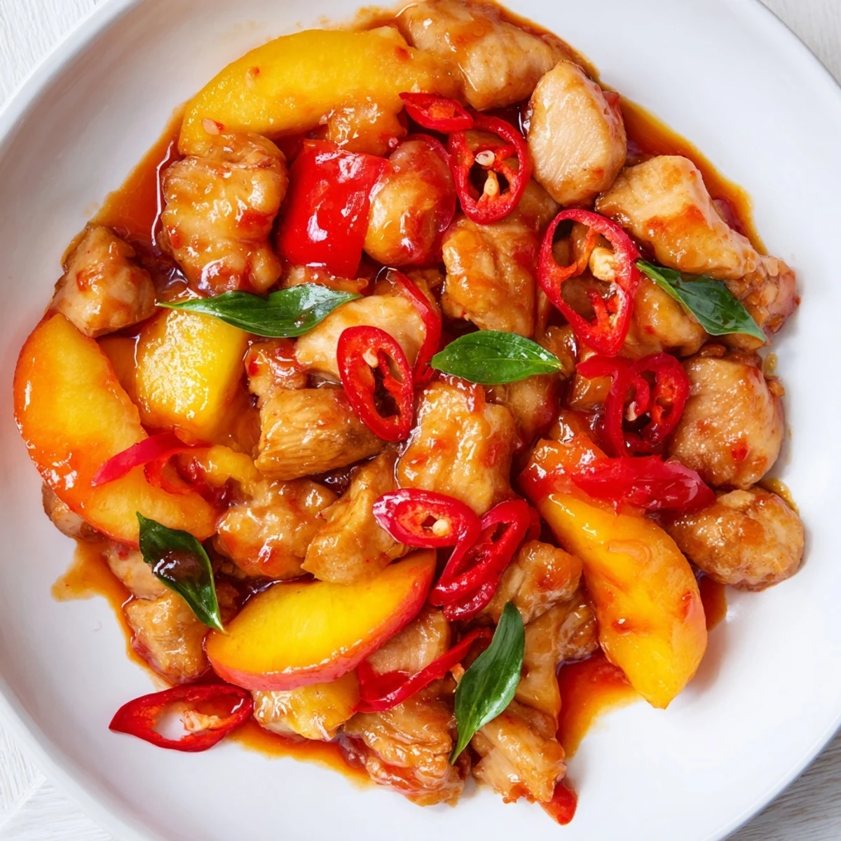 Golden Thai peach chicken with tender chunks coated in spicy sweet glaze alongside colorful bell peppers