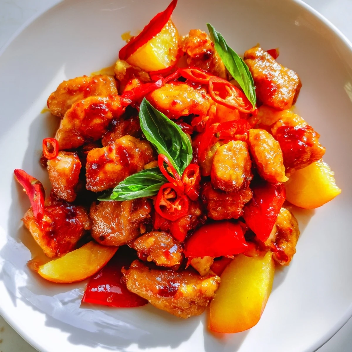 Fragrant Thai peach chicken simmered with fresh sliced peaches and vibrant red yellow bell peppers