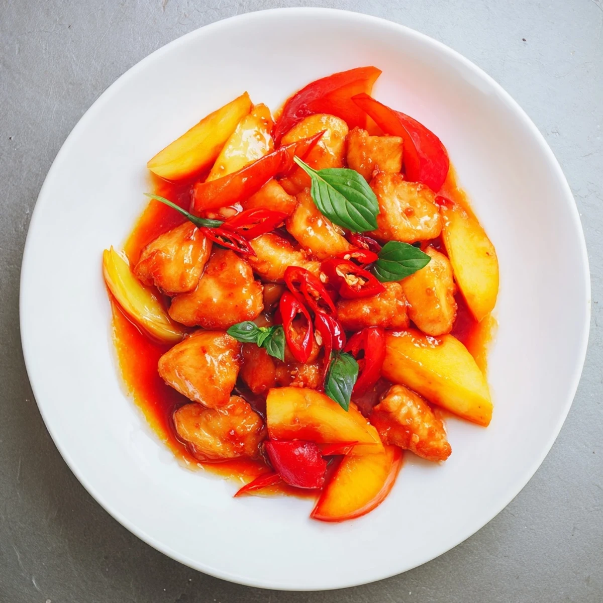 Steaming bowl of Thai peach chicken garnished with fresh basil lime wedges and crunchy roasted peanuts