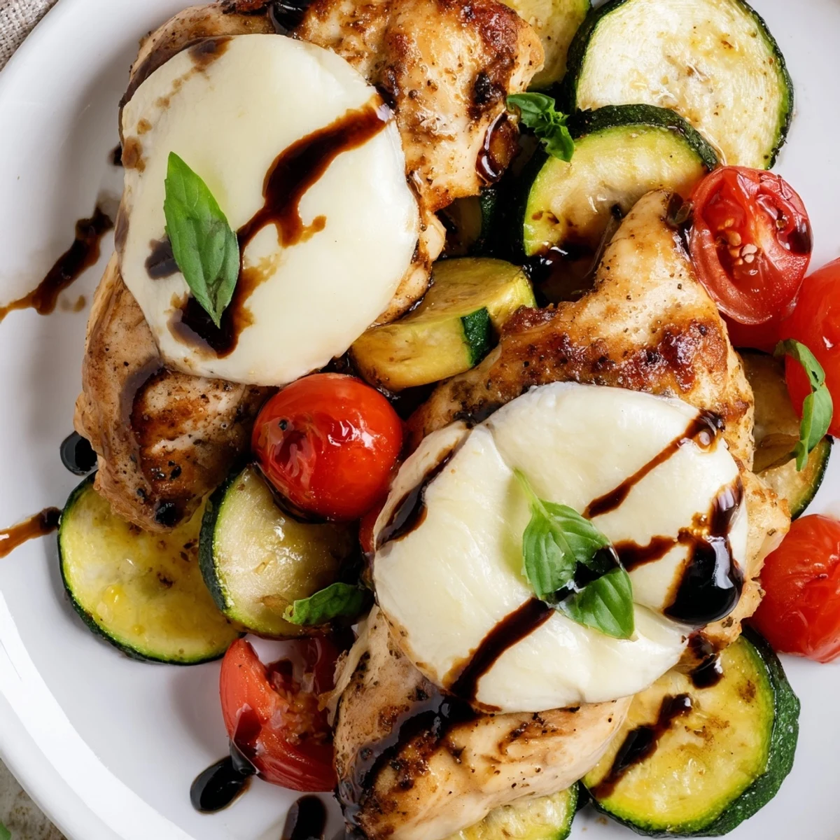 Golden pan-seared chicken breasts topped with melted mozzarella alongside tender zucchini and cherry tomatoes in a Caprese chicken zucchini skillet