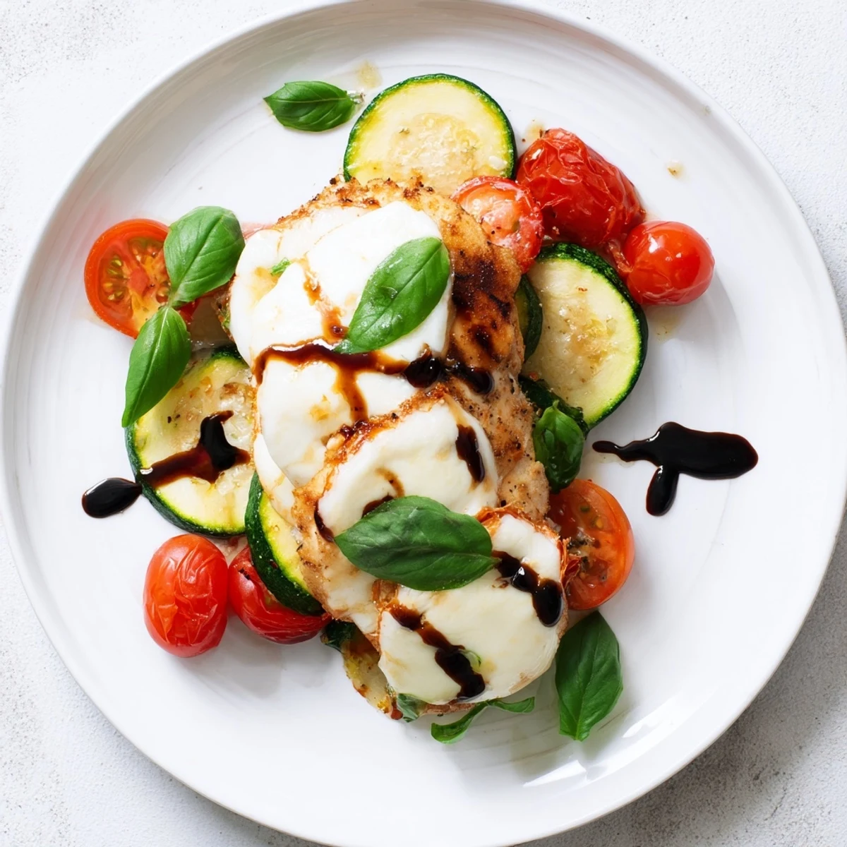 Sizzling one-pan Caprese chicken zucchini skillet featuring juicy seasoned chicken nestled between colorful vegetables and fresh basil garnish