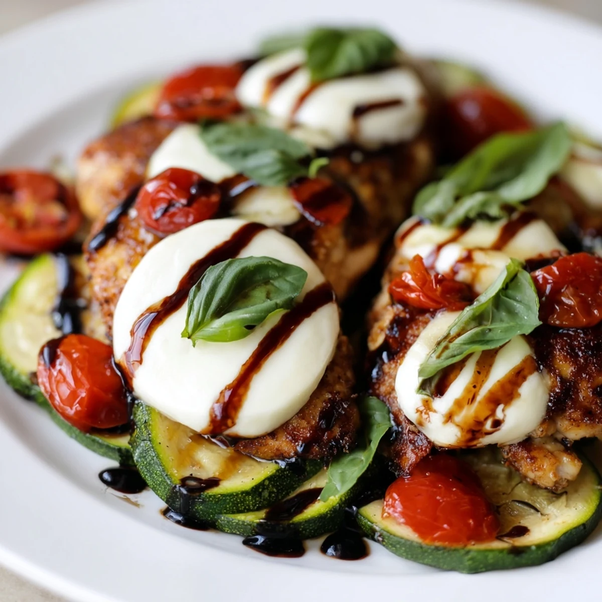 Mediterranean-style Caprese chicken zucchini skillet drizzled with balsamic glaze showcasing melted cheese over perfectly cooked chicken and vegetables
