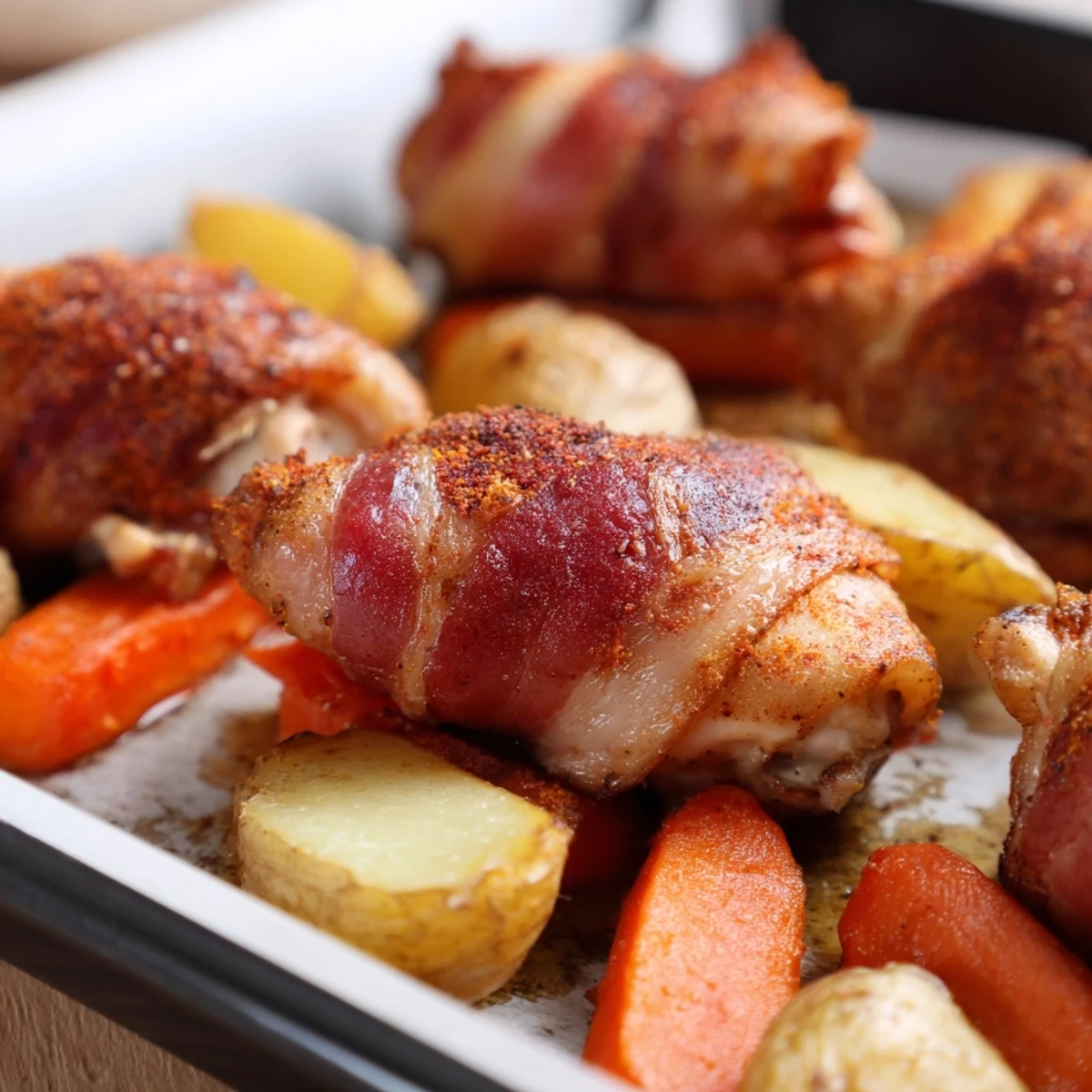 Golden bacon-wrapped chicken thighs roasted with colorful vegetables on a large baking tray