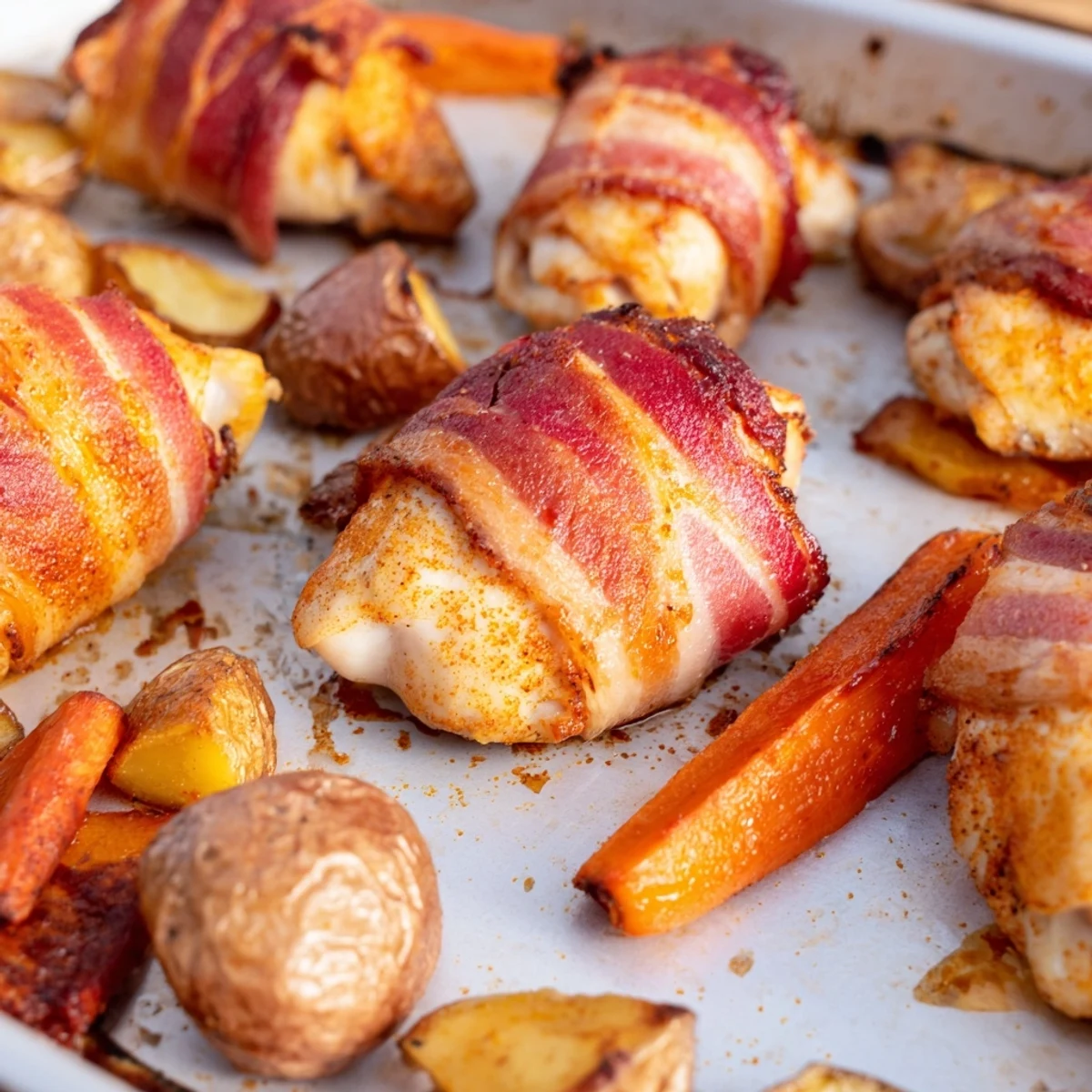 One-pan bacon wrapped chicken thigh tray bake with tender roasted vegetables ready to serve