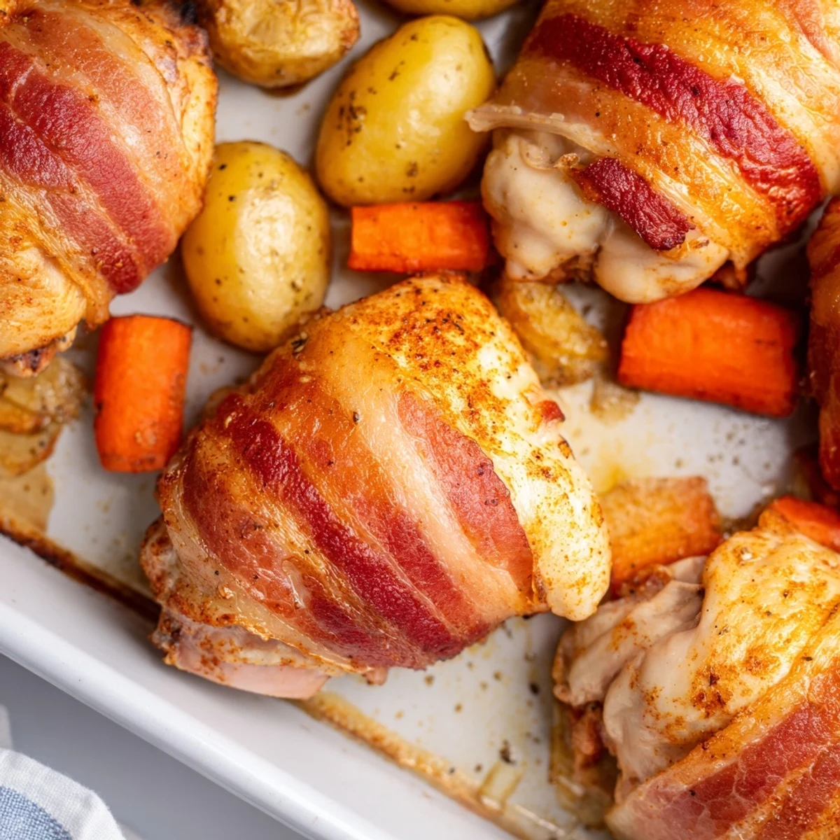 Crispy bacon surrounding juicy chicken thighs alongside baby potatoes carrots and green beans