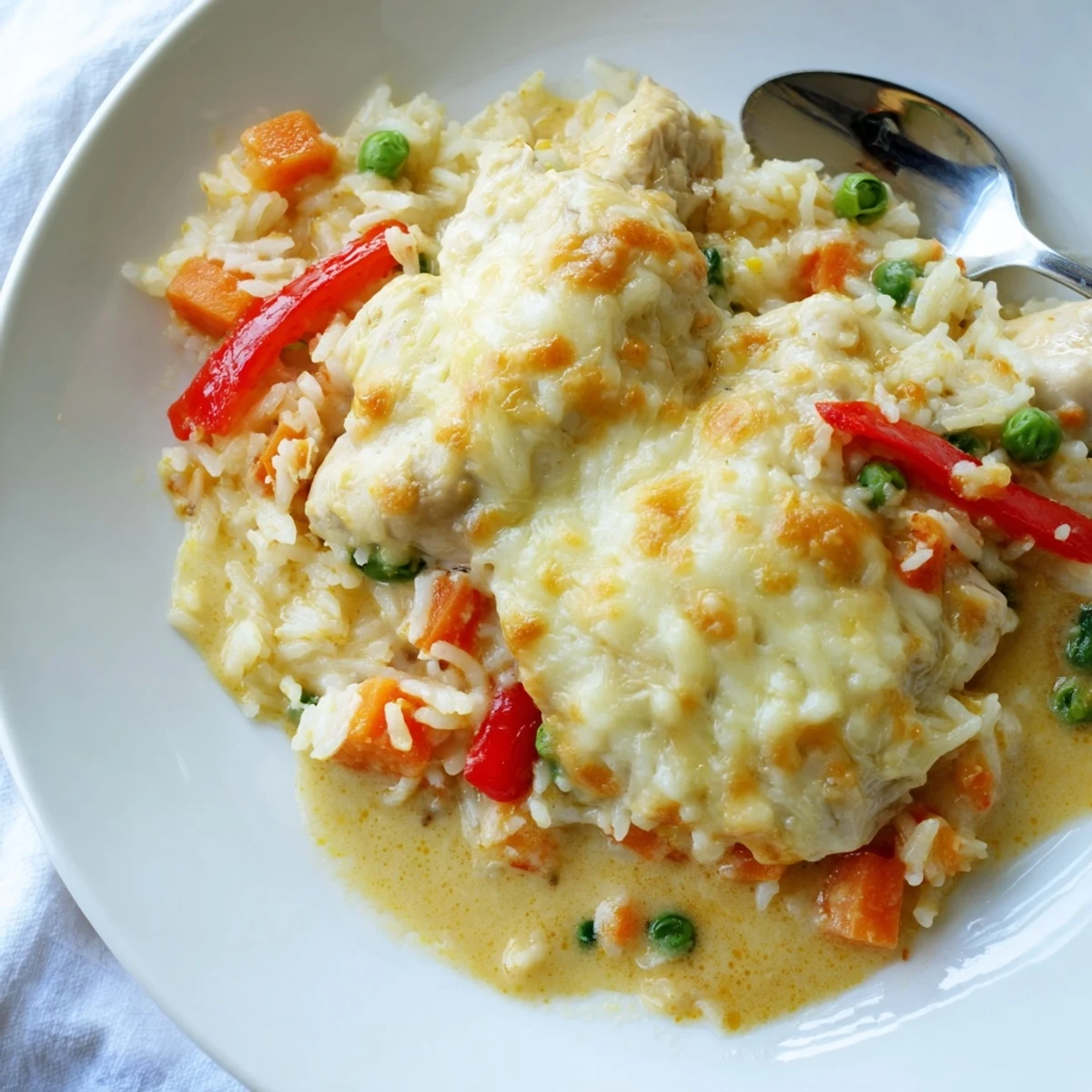Golden baked Macau style Portuguese chicken rice with melted cheese and creamy coconut curry sauce