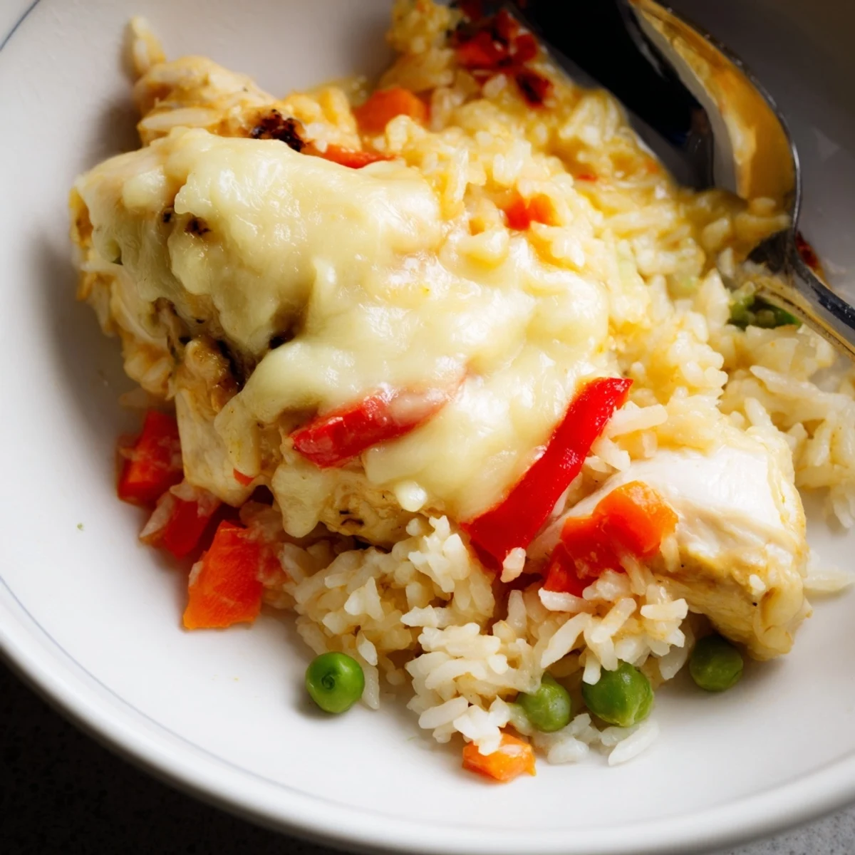 Casserole dish of Macau style Portuguese chicken rice featuring bubbling mozzarella and colorful vegetables