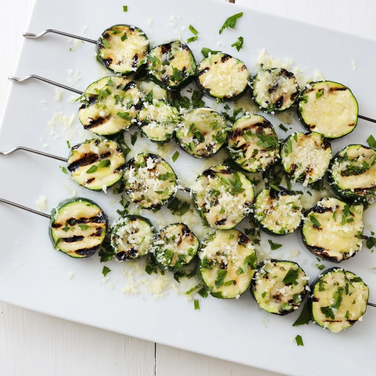 Easy garlic butter zucchini skewers on a platter with charred grill marks and sprinkled Parmesan
