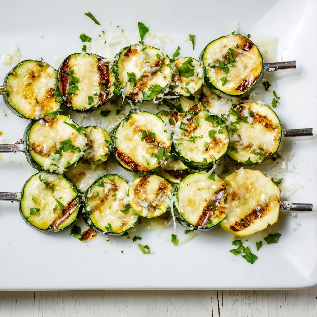 Tender zucchini rounds threaded on skewers glistening with savory garlic butter and lemon zest