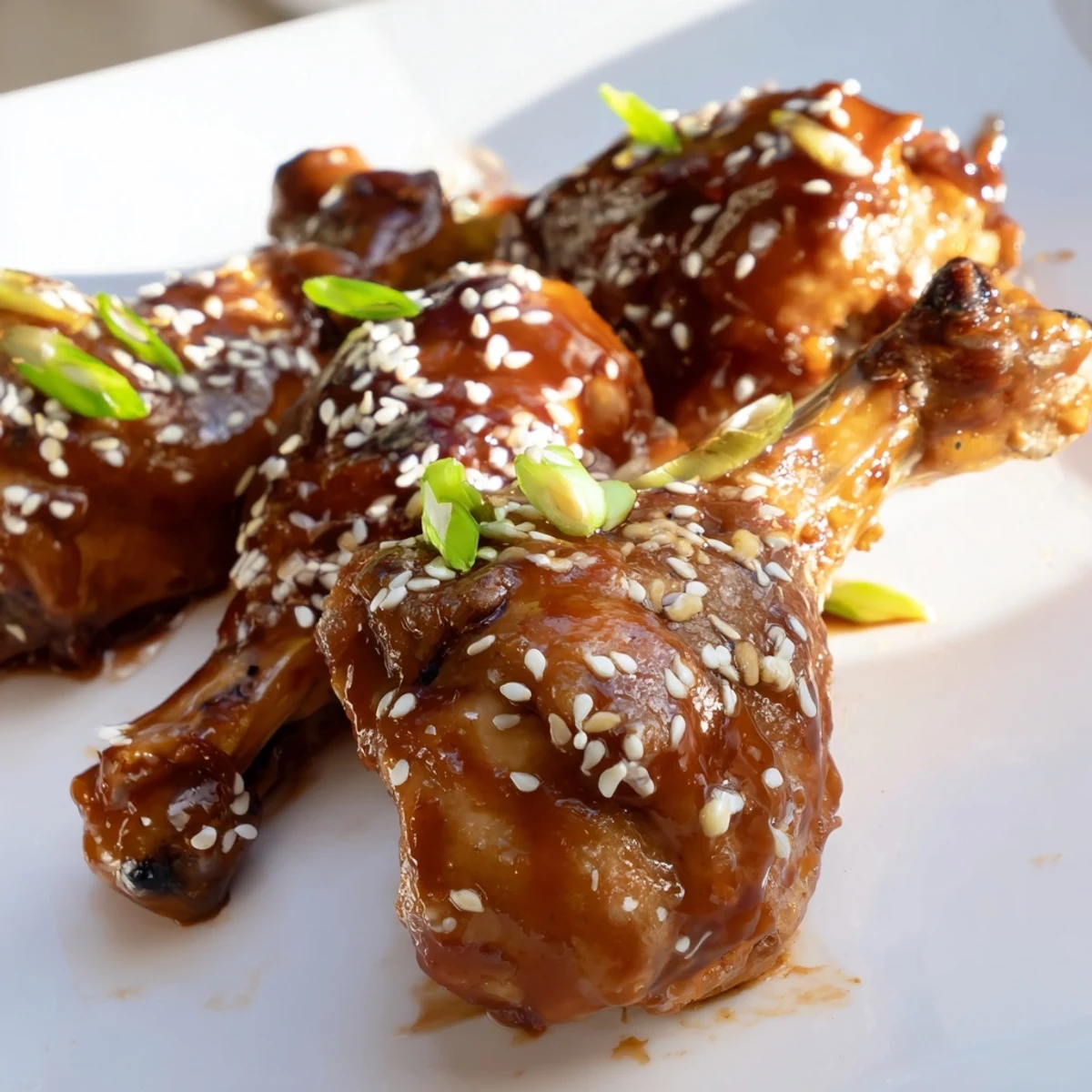 Golden brown Asian glazed chicken drumsticks brushed with thick savory sauce and sesame seeds