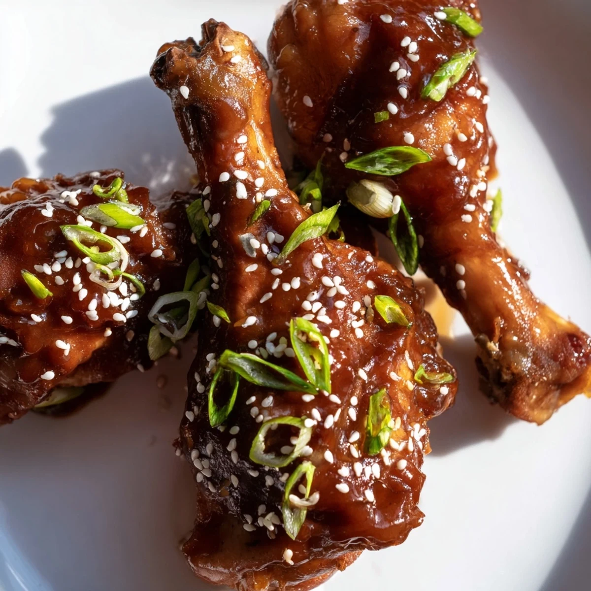 Tender slow cooker Asian glazed chicken drumsticks garnished with fresh scallions on white platter