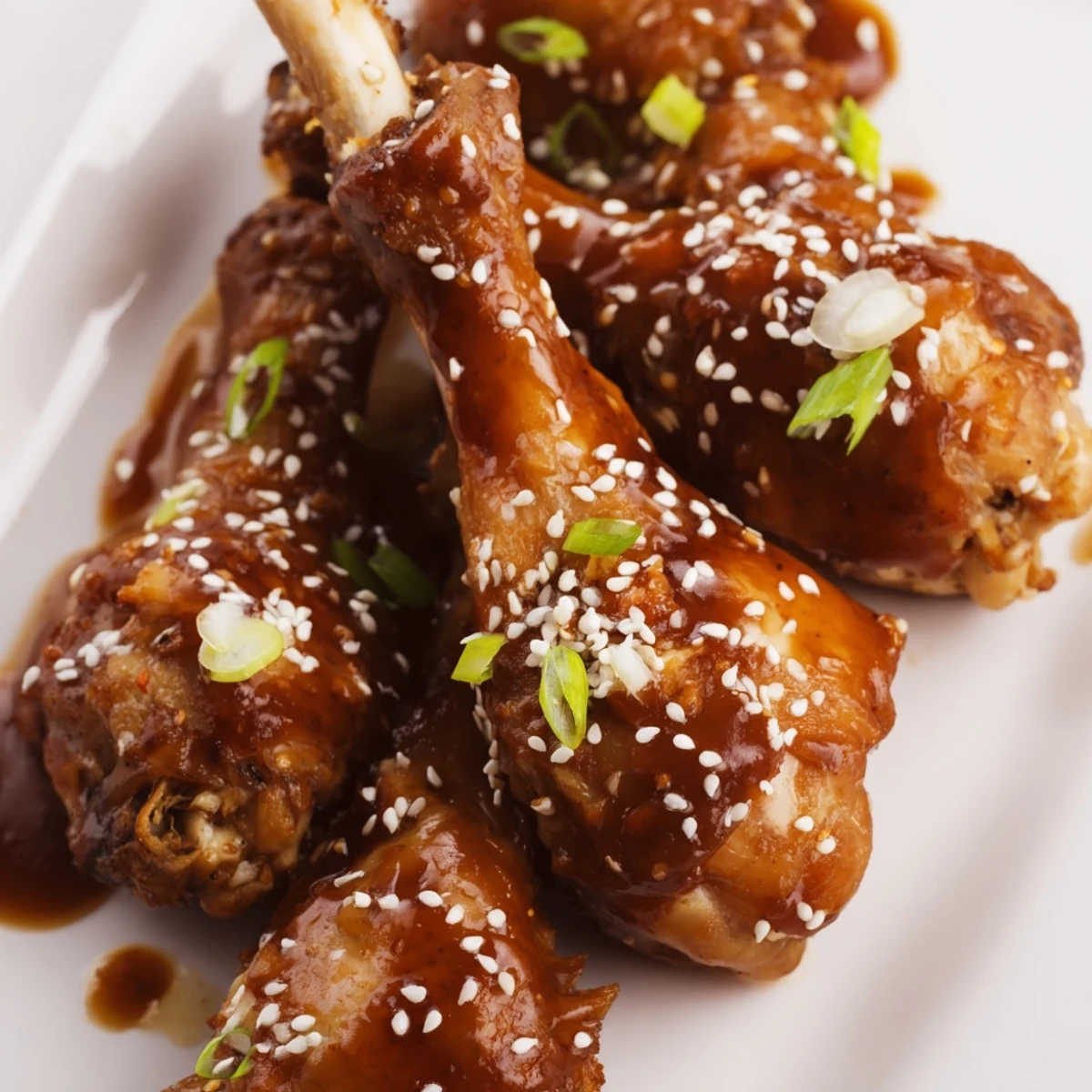 Juicy chicken drumsticks coated in sticky sweet and sour Asian glaze with sesame seed topping