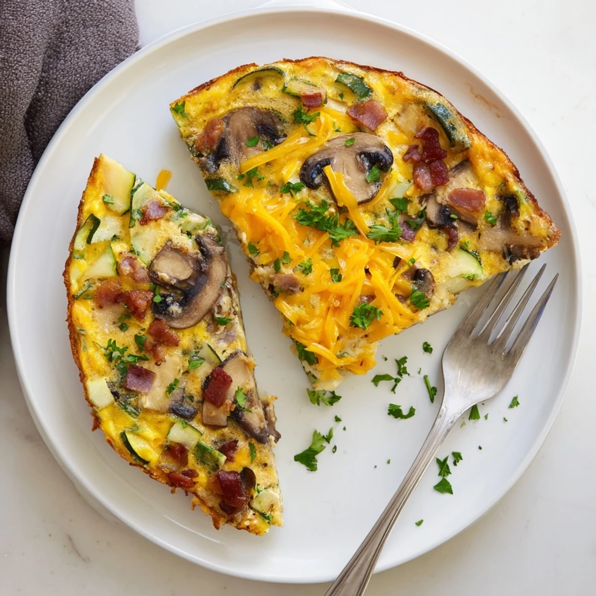 Golden brown mushroom zucchini and bacon family frittata fresh from the oven, garnished with parsley