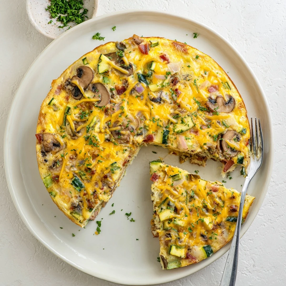 Fluffy egg frittata topped with melted cheddar cheese, crispy bacon pieces, and colorful vegetables ready for brunch