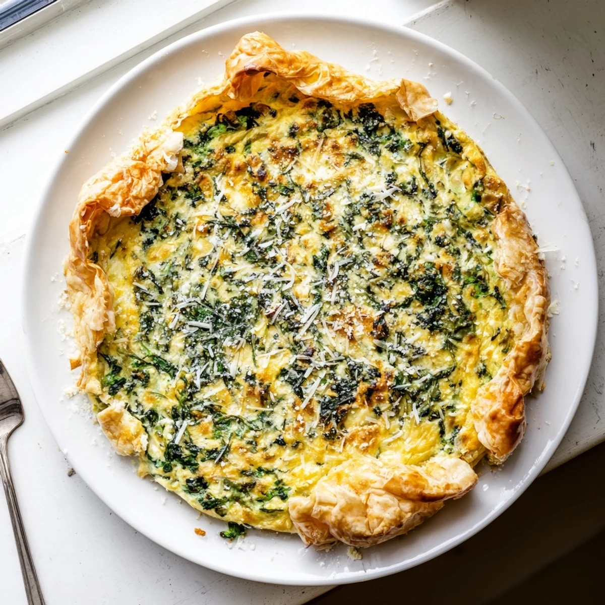 Savory egg pie with silverbeet and ricotta sprinkled with grated parmesan on top