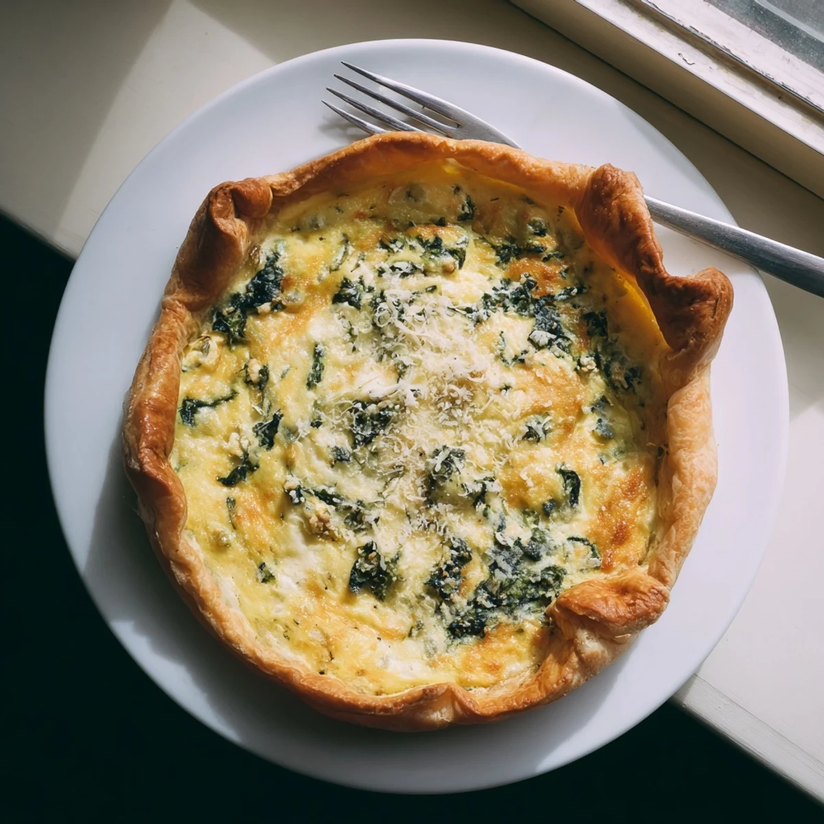 Golden brown egg pie with silverbeet and ricotta featuring a flaky buttery pastry crust