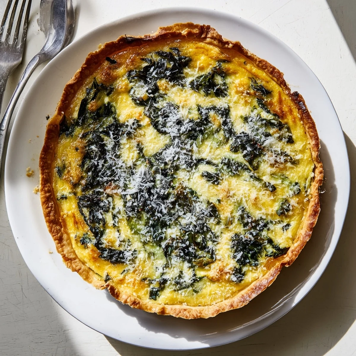Sliced egg pie with silverbeet and ricotta revealing creamy spinach filling inside golden pastry