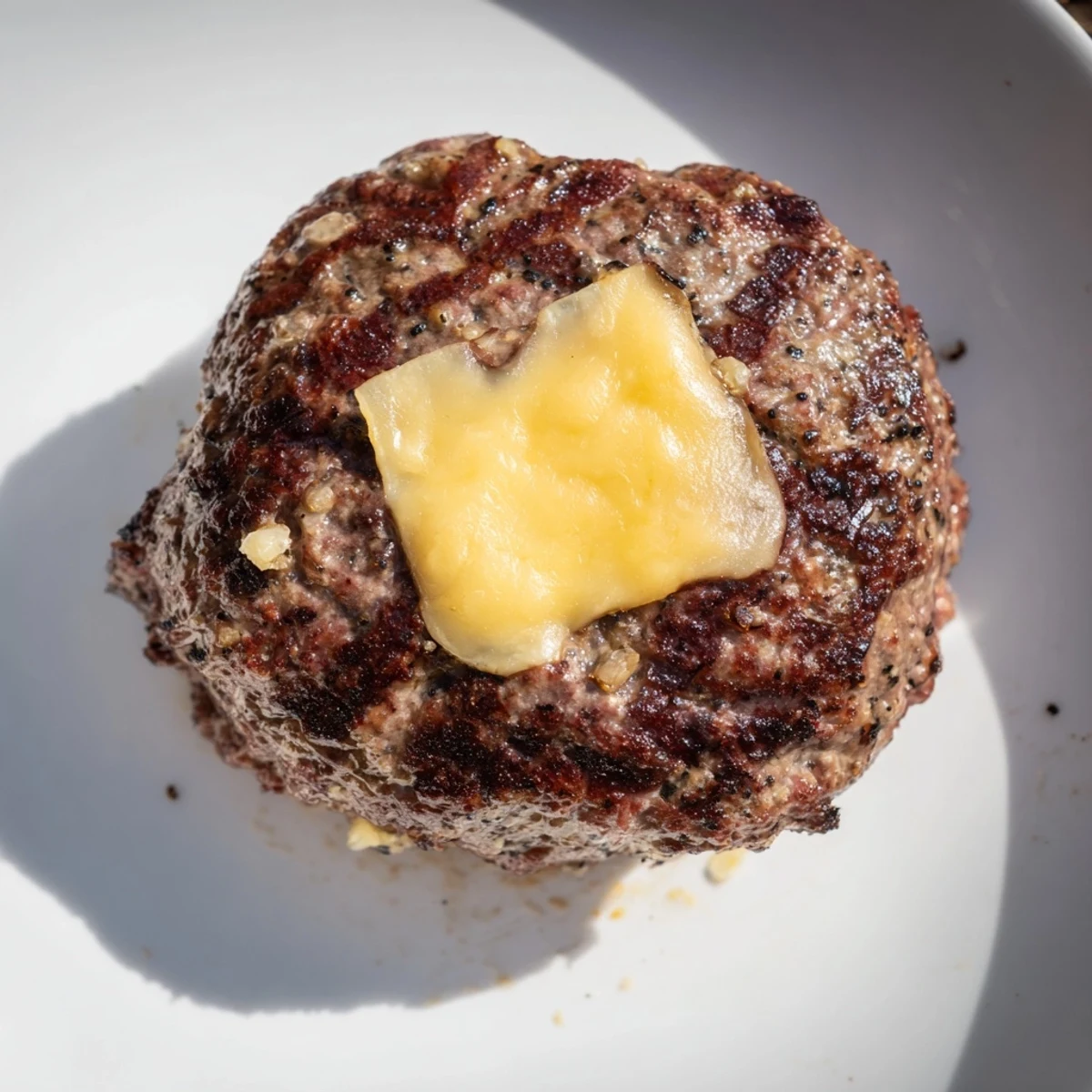 Golden brown air fryer hamburger patties sizzling hot with melted cheese and fresh toppings