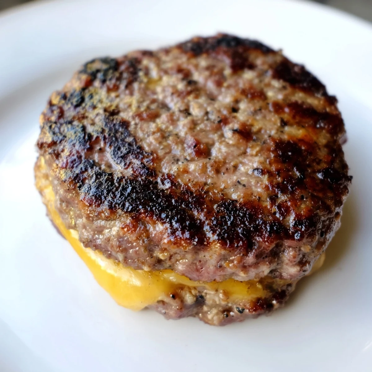 Juicy beef hamburger patties cooked perfectly in air fryer basket with grill marks