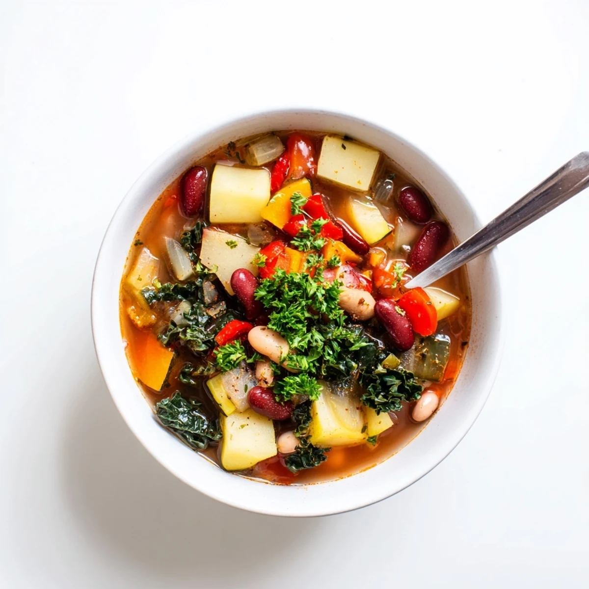 Steaming bowl of hearty vegetable and bean soup garnished with fresh parsley and crusty bread