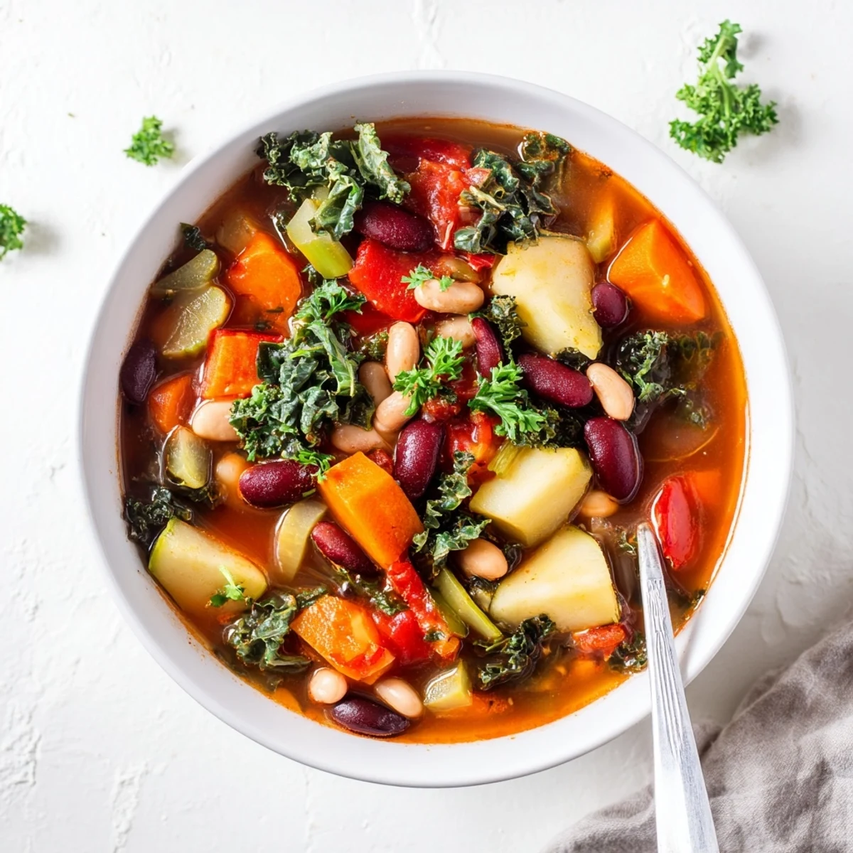 Rustic pot filled with hearty vegetable and bean soup featuring colorful diced vegetables and tender beans