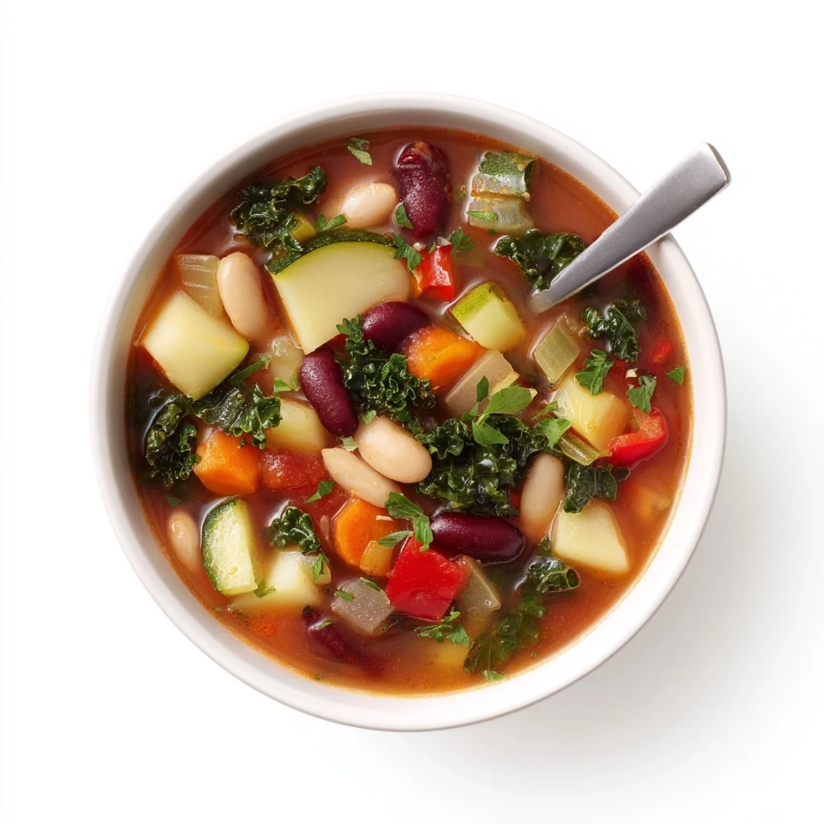 Close-up of hearty vegetable and bean soup with kale, carrots, and cannellini beans in rich broth