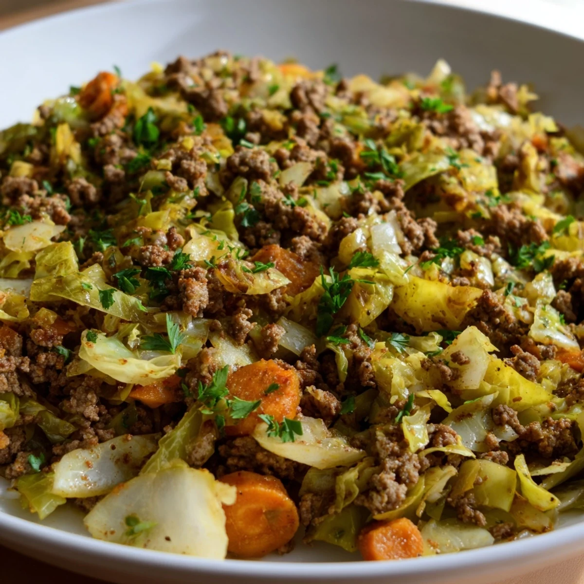 Savory Irish ground beef and cabbage skillet featuring tender vegetables in a rich, seasoned broth