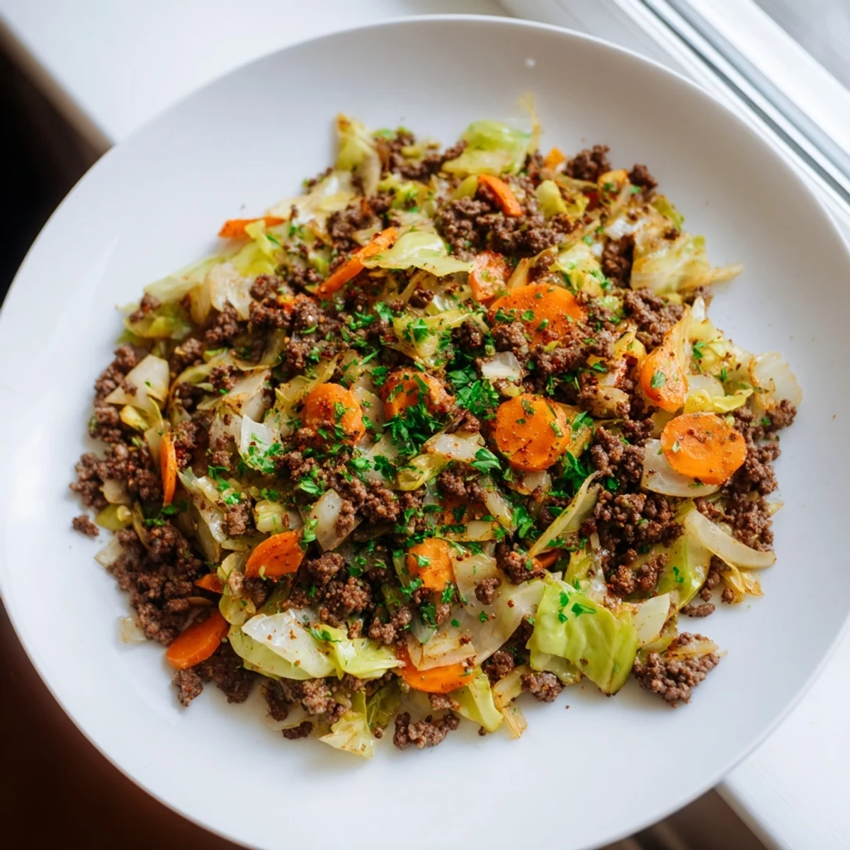 One-pan Irish ground beef and cabbage comfort food with caramelized onions and wilted green cabbage