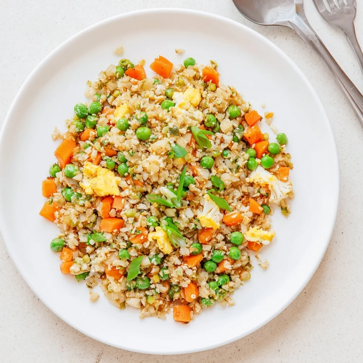 Golden cauliflower fried rice with colorful vegetables and scrambled eggs in a dark skillet