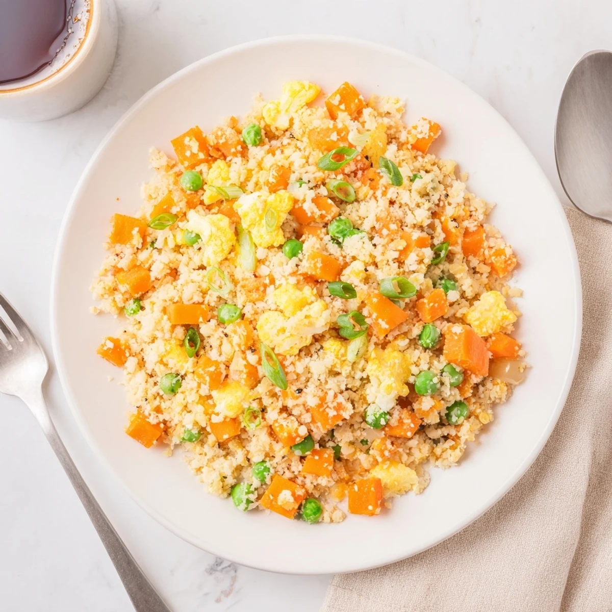 Vibrant vegetable-packed cauliflower fried rice with fluffy scrambled eggs and sesame oil glisten