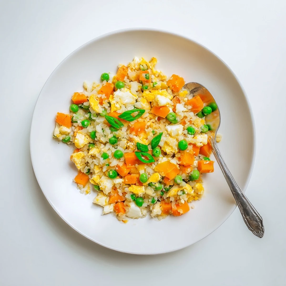 Healthy low-carb cauliflower fried rice served in a white bowl with fresh green onion garnish