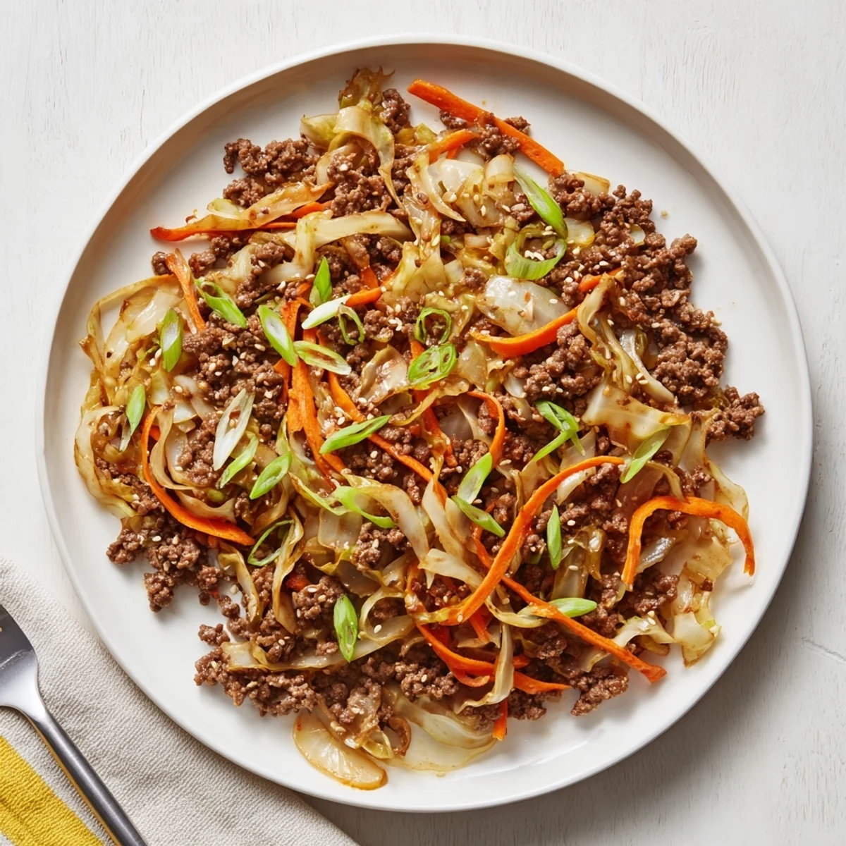 Golden brown ground beef and crisp green cabbage stir fry in a savory soy sesame sauce