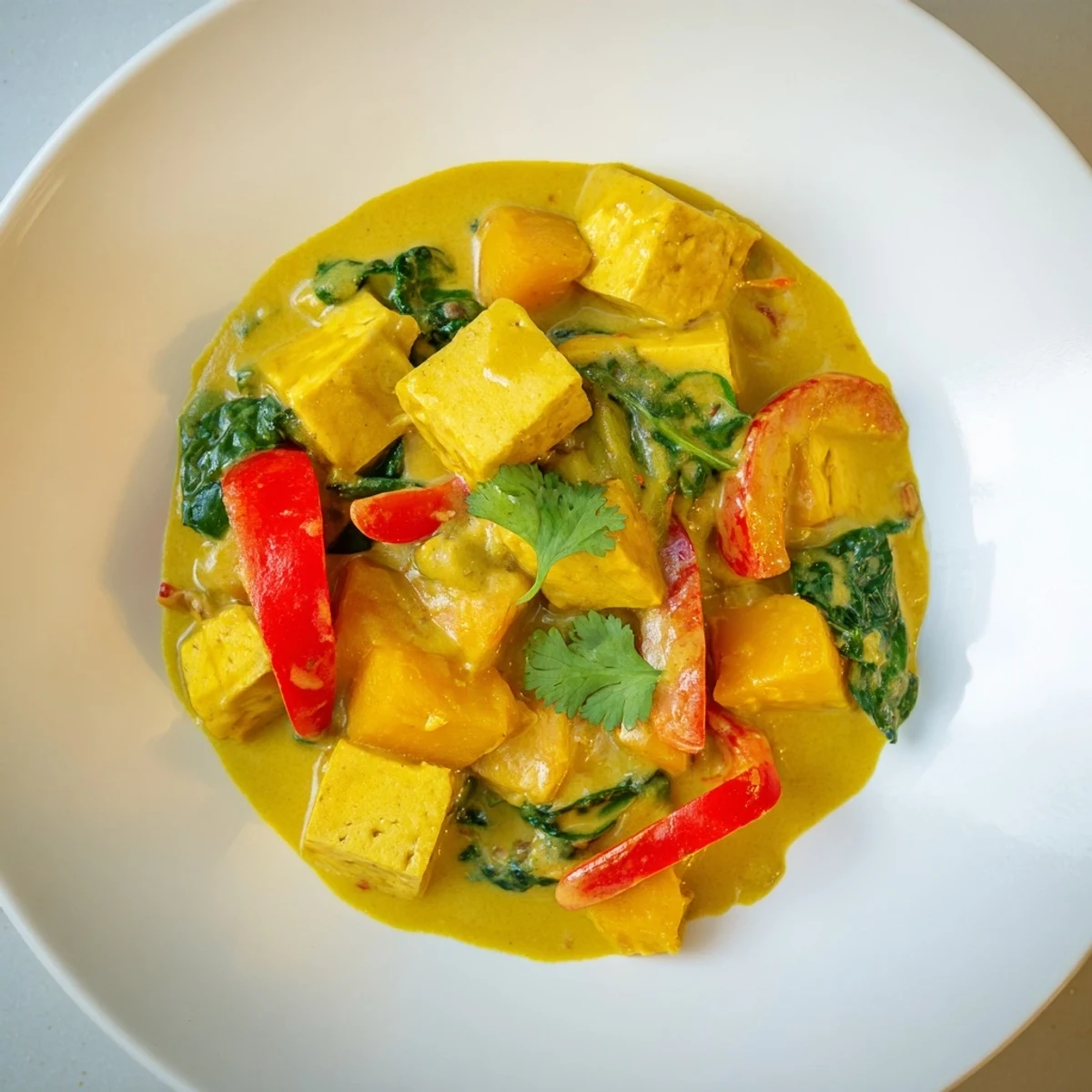 Creamy vegetarian pumpkin tofu curry with golden fried tofu and fresh cilantro garnish in a bowl