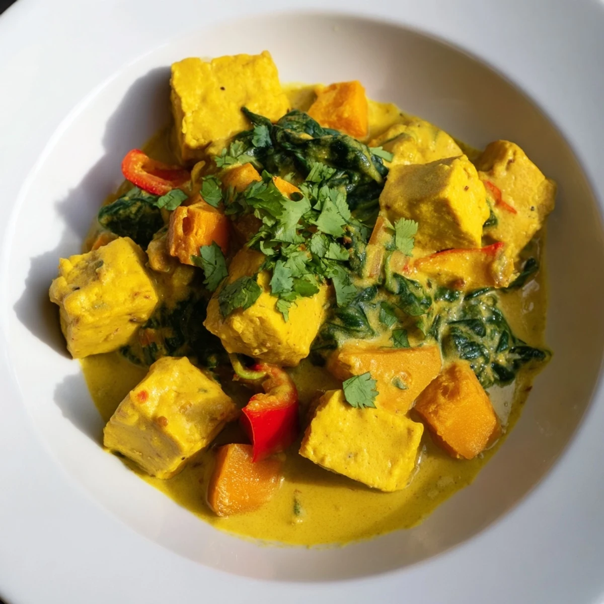 Vibrant pumpkin tofu curry simmered in coconut milk with spinach and warming spices