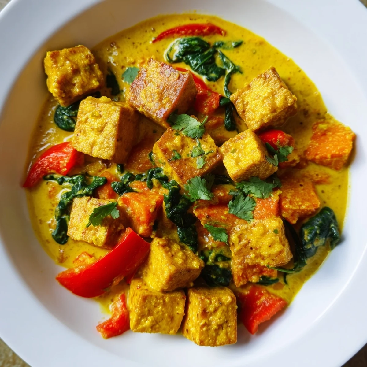 Golden tofu and tender pumpkin cubes swimming in rich aromatic curry sauce with lime