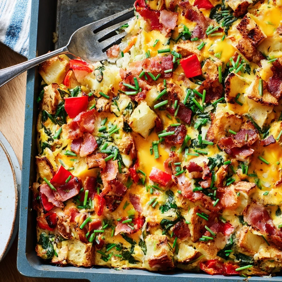 Savory dinner-for-breakfast bake featuring bacon, fluffy eggs, potatoes, and bubbling golden cheese topping