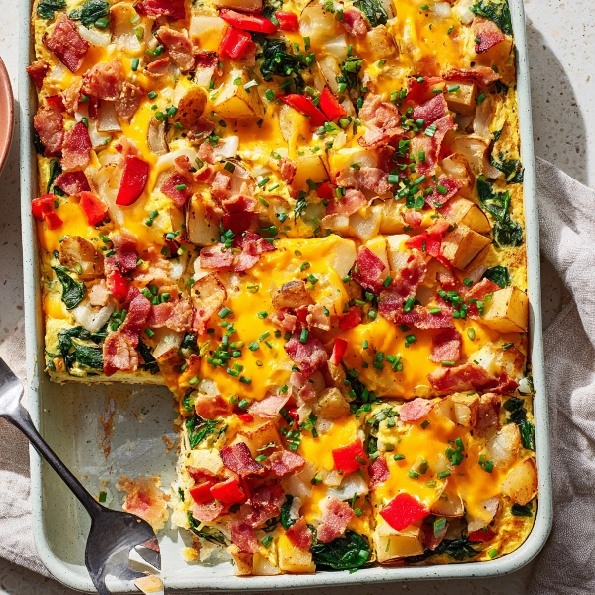 Golden baked breakfast casserole with crispy bacon, melted cheddar, eggs, and tender vegetables