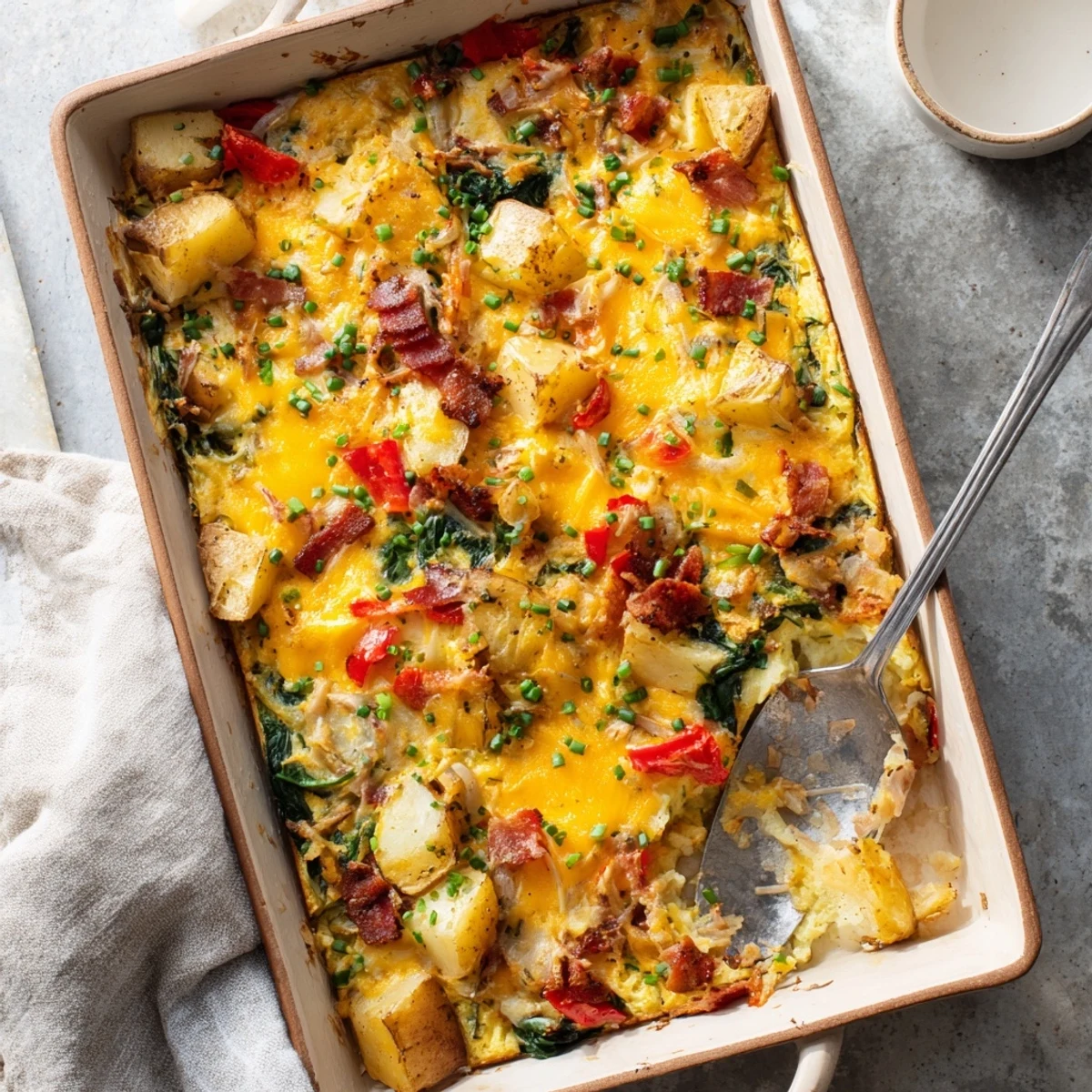 Hearty egg and bacon casserole with colorful peppers, spinach, potatoes, and melted cheddar cheese